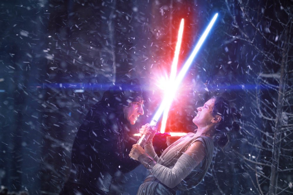 A climactic fight between Kylo Ren and Rey, the villain and hero of Star Wars IX: The Rise of Skywalker