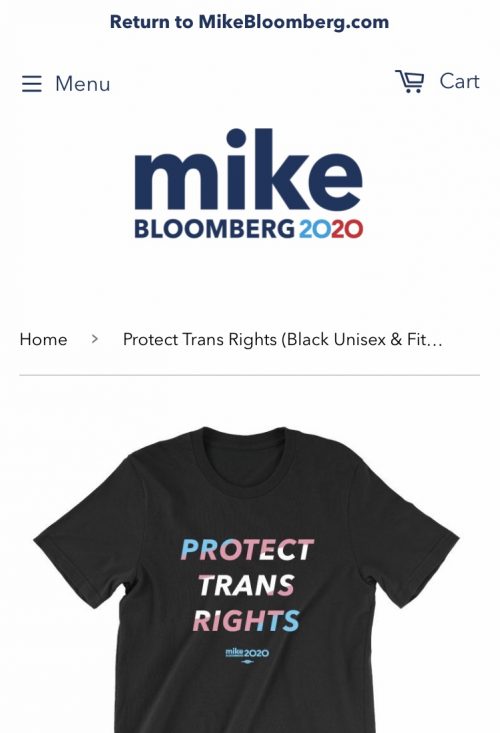 A screenshot of shop.mikebloomberg.com, where the "Protect Trans Rights" shirt is on sale.