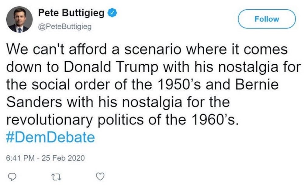 Pete Buttigieg's now-deleted tweet about the 1960s.