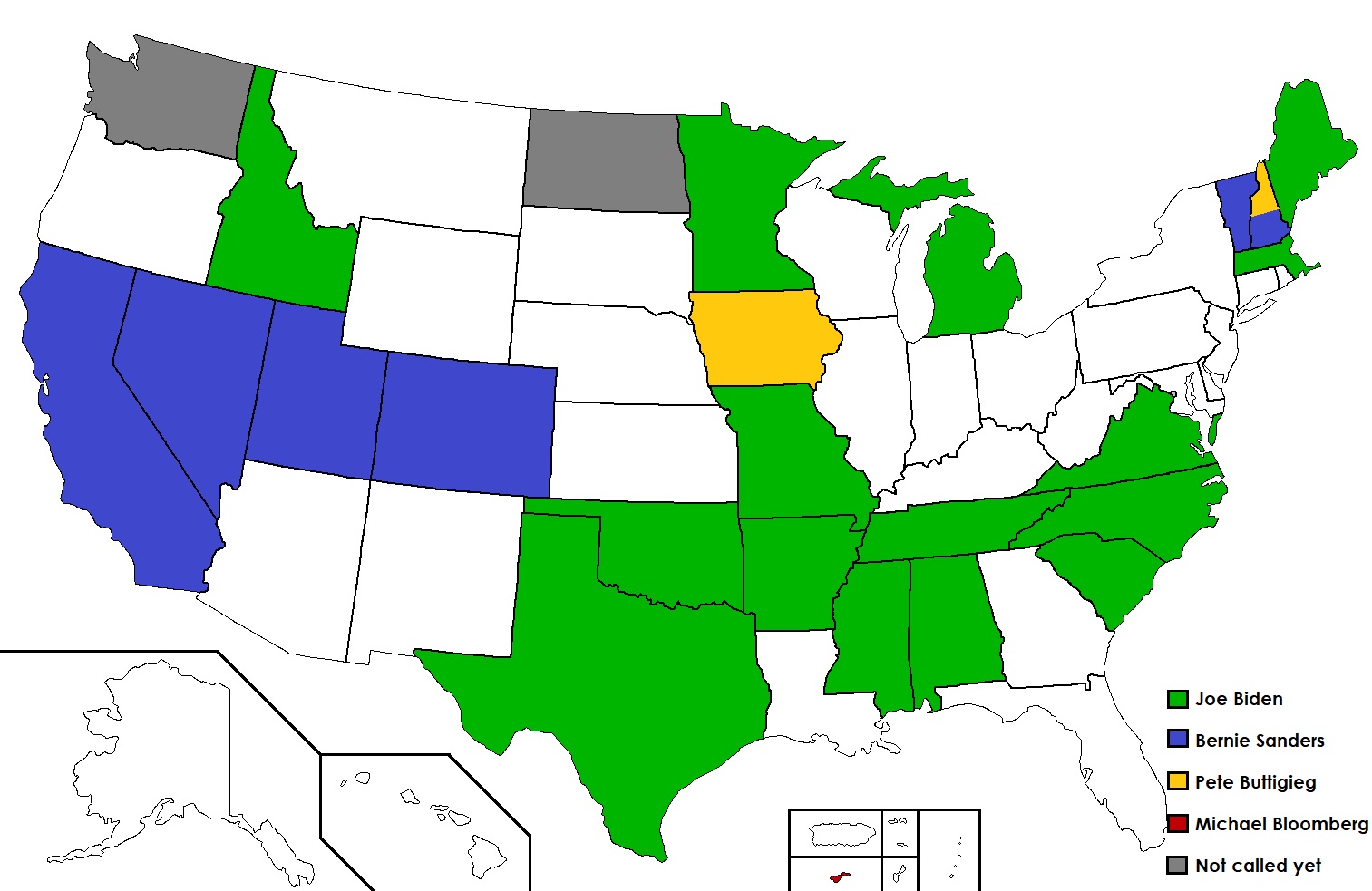 Map colored in with each candidate's primary wins