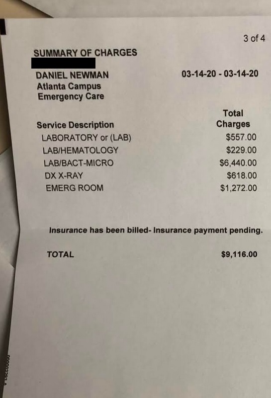 Daniel Newman's bill for a coronavirus test that was never processed