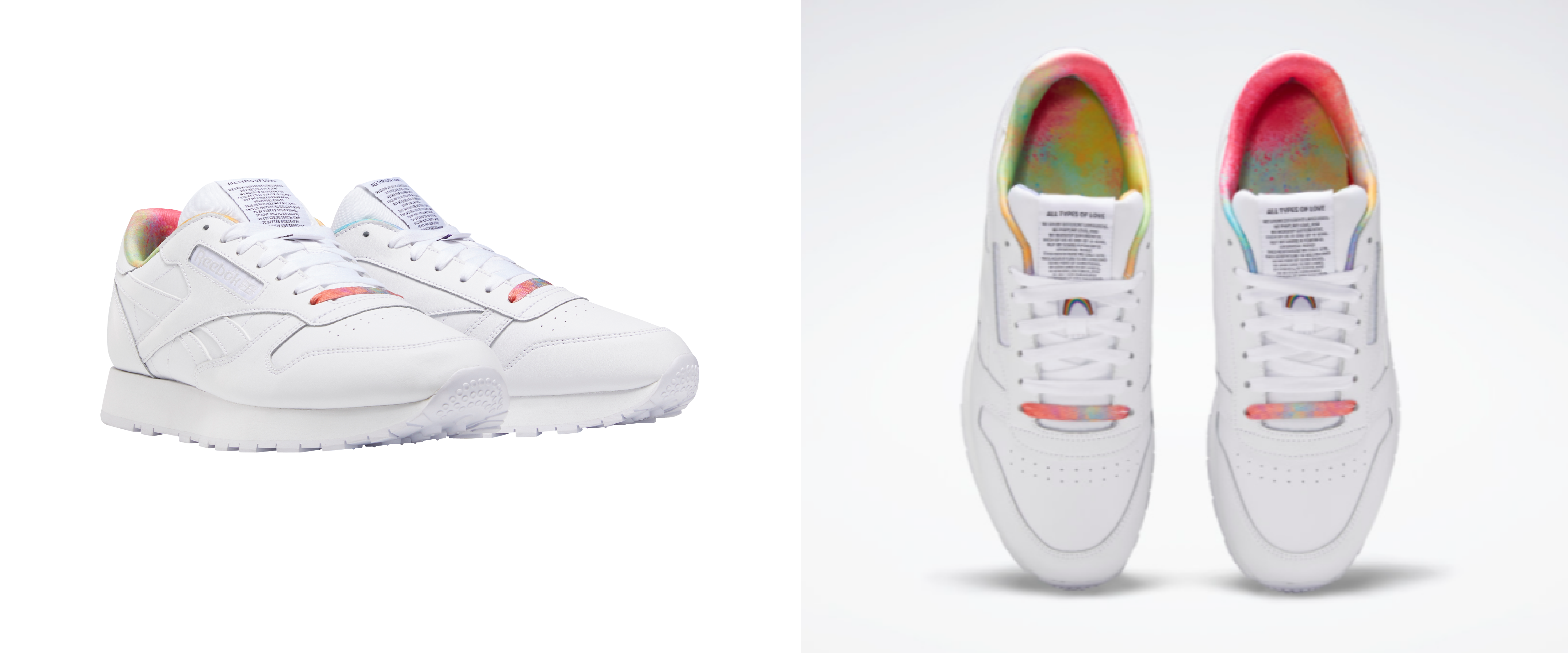 A side-by-side photo, different angles, of Reebok's Pride-Inspired classic leather Pride shoes.