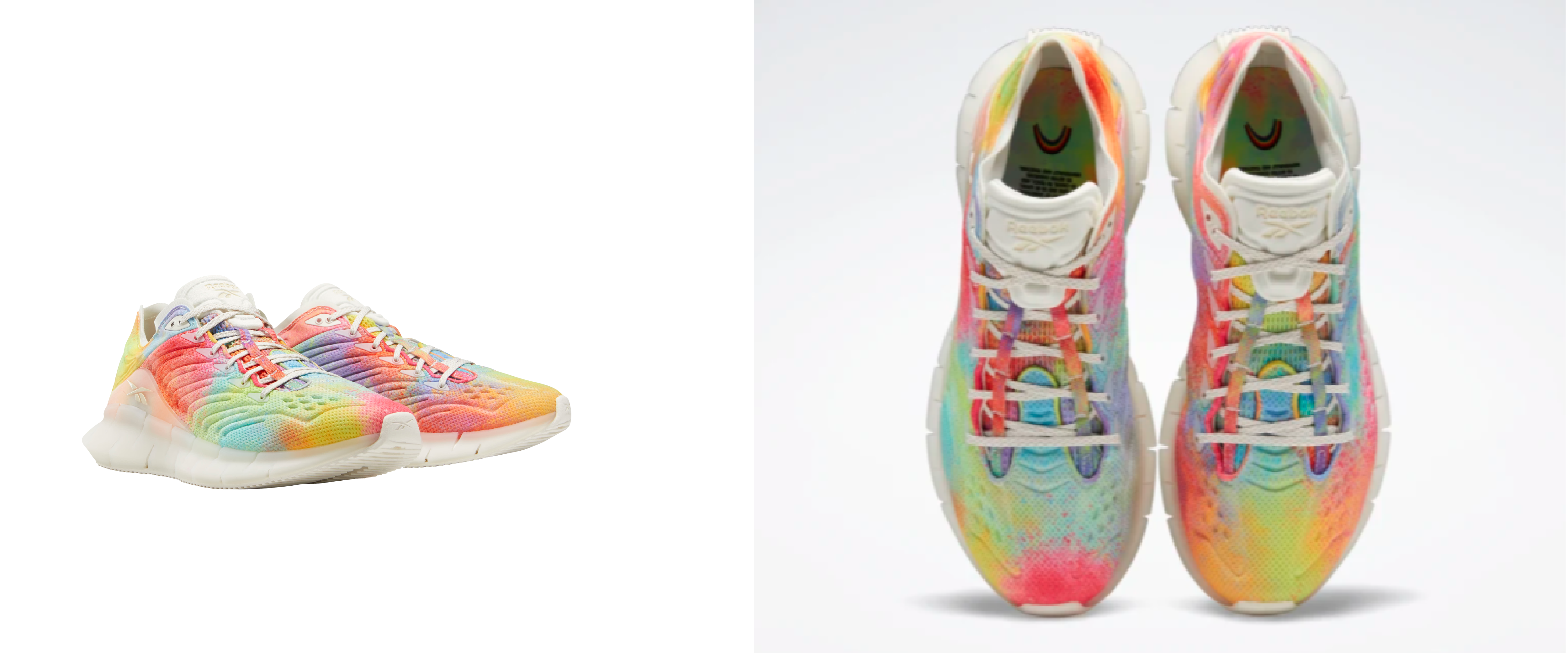 A side-by-side photo, different angles, of Reebok's Pride-Inspired Zinetica shoes.