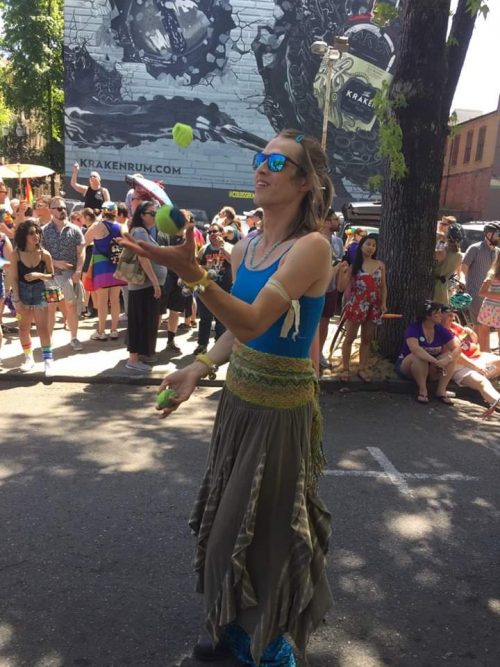 Sophie Ross juggling at the Portland Pride Parade, June 16, 2019.