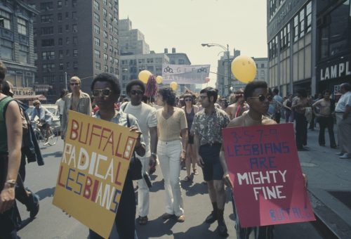 Representatives of the Buffalo Radical Lesbians take part in an LGBT parade through New York City on Christopher Street Gay Liberation Day 1971.