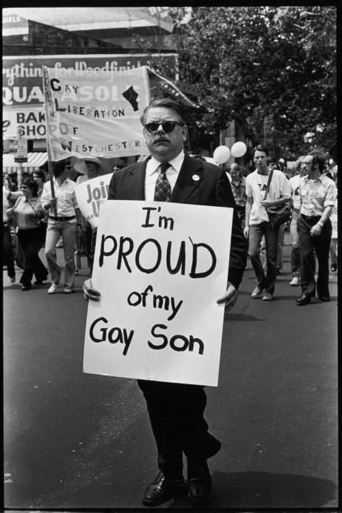 American lawyer Dick Ashworth marches with a sign that reads 'I'm Proud of My Gay Son' in the Fifth Annual Gay Pride Day march (Gay Liberation Day), New York, New York, June 30, 1974.