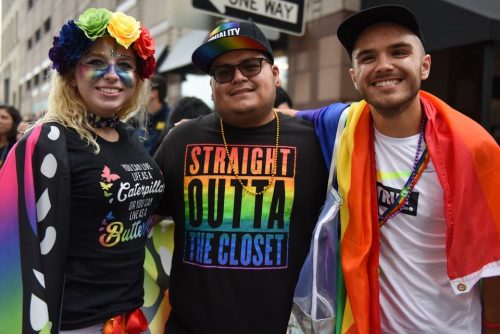 Josh Chernow (right), with friends Randall (center) and Taylor (left) at the Motor City Pride Parade, June 10, 2018.