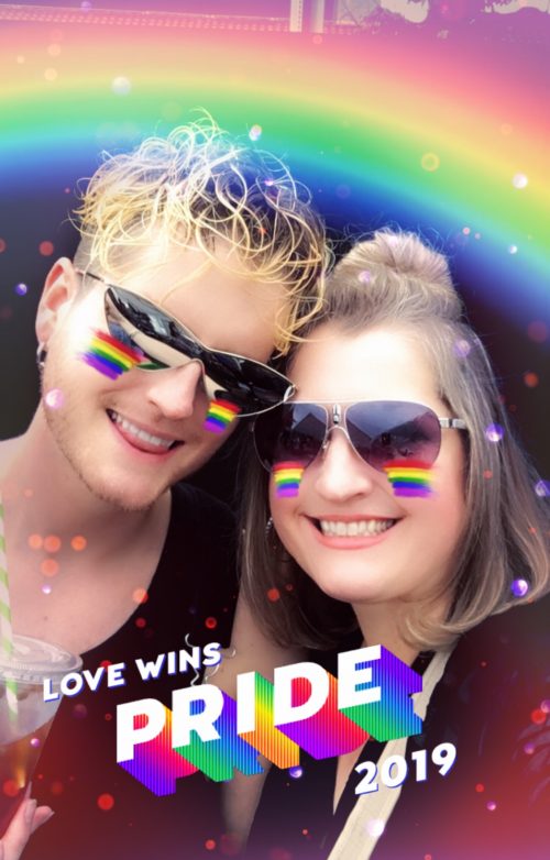 Dalton (left) and mom Dresden Grogan (right), Los Angeles Pride 2019.