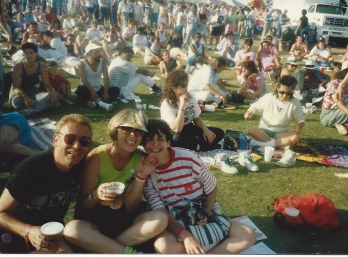 Henny (front left), Connie Winstead (front center) and Dawn (front right) in front of RMS Queen Mary in Long Beach, 1988.