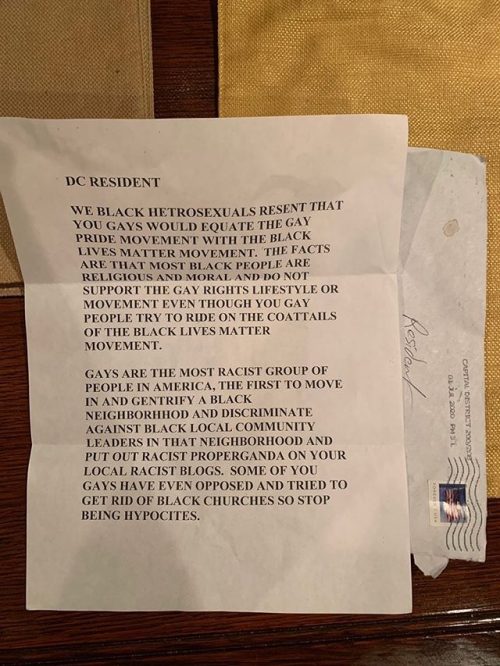 The letter sent to a DC resident to complain they posted signs for Pride and Black Lives Matter