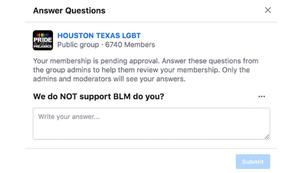 LGBT Houston, Facebook group, all lives matter, Black Lives Matter, racist, islamophobic