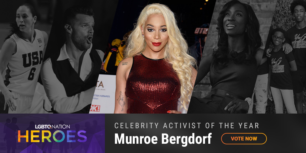 A graphic showing Munroe Bergdorf, who is nominated for LGBTQ Celebrity Activist of the Year.