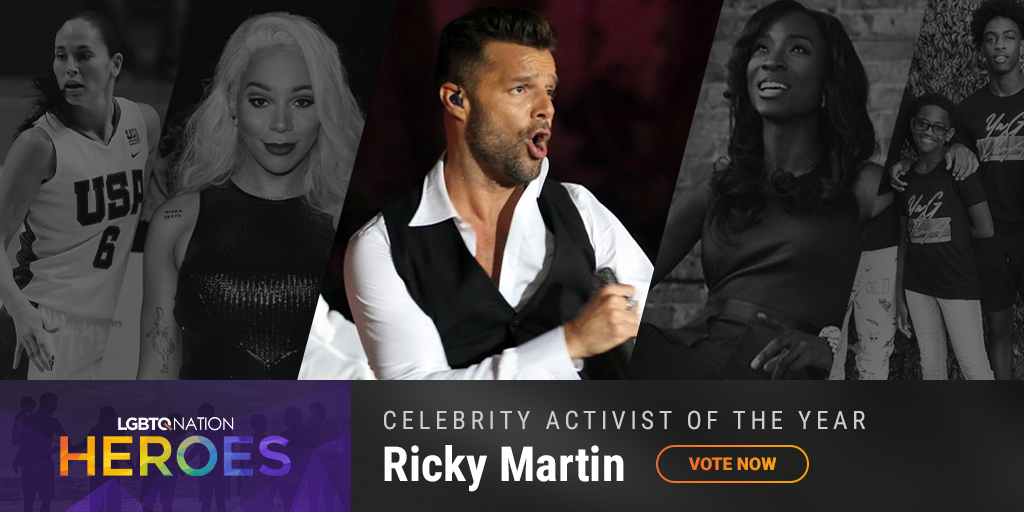 A graphic showing Ricky Martin, who is nominated for LGBTQ Celebrity Activist of the Year.