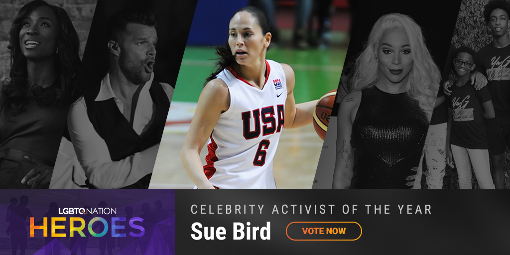 A graphic showing Sue Bird, who is nominated for LGBTQ Celebrity Activist of the Year.