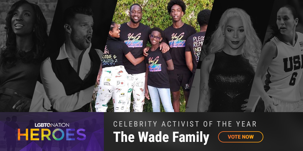 A graphic showing Dwayne Wade and his family, who are nominated for LGBTQ Celebrity Activist of the Year.