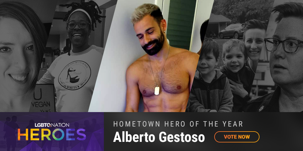 A graphic showing Alberto Gestoso, who is nominated for Hometown Hero as part of LGBTQ Nation Heroes.