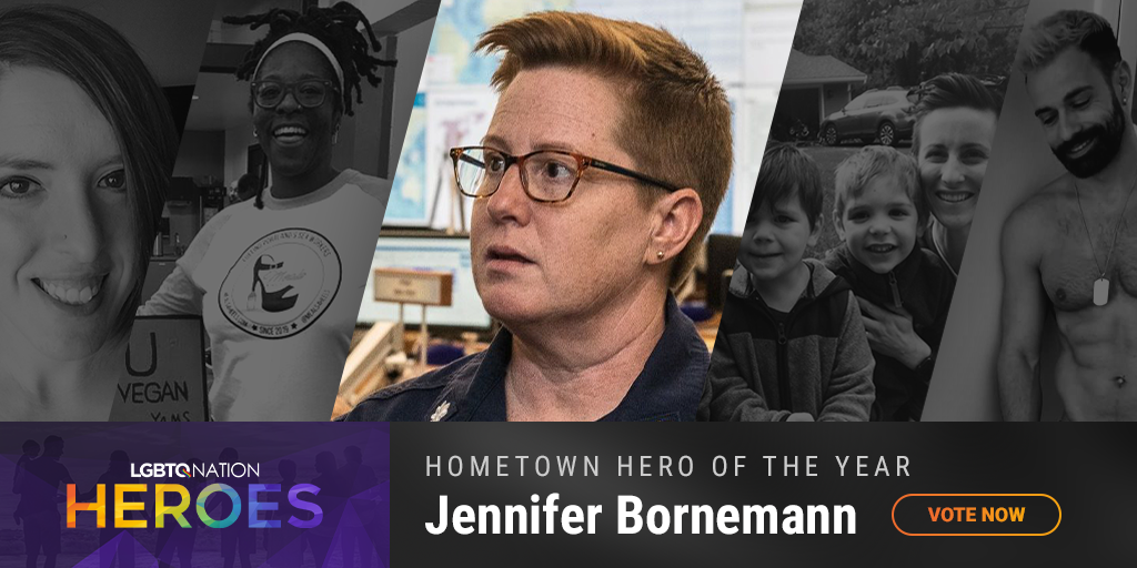 A graphic showing Jennifer Bornemann, who is nominated for Hometown Hero as part of LGBTQ Nation Heroes.