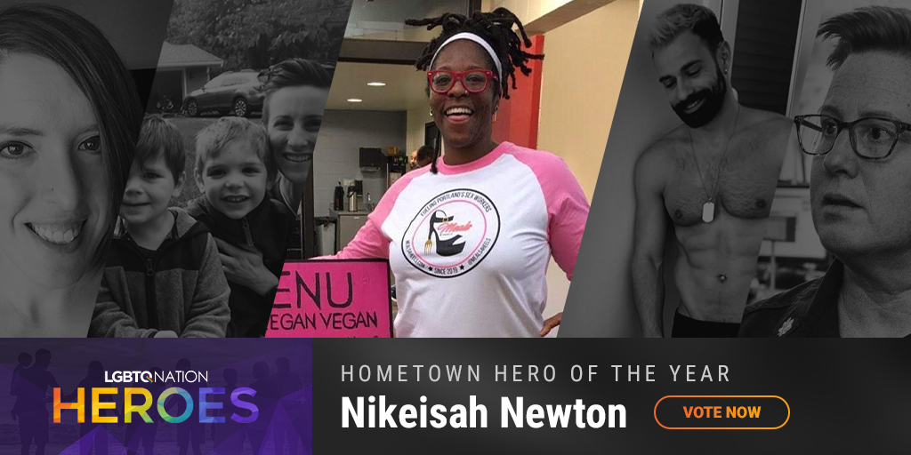 A graphic showing Nikeisah Newton, who is nominated for Hometown Hero as part of LGBTQ Nation Heroes.