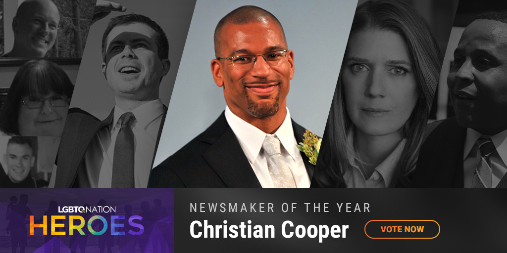 A graphic showcasing Central Park bird watcher Christian Cooper, who are nominated for LGBTQ Nation Heroes