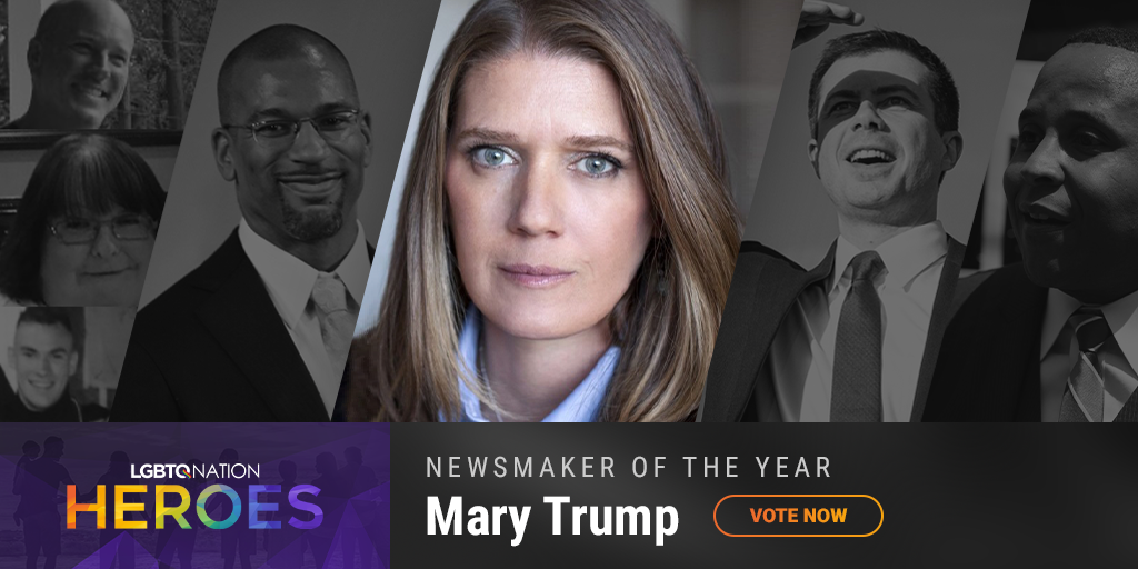 A graphic showcasing Donald Trump's niece, Marty Trump, who are nominated for LGBTQ Nation Heroes Newsmaker of the Year