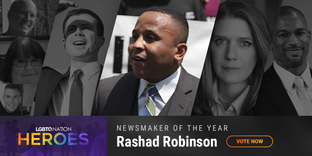 A graphic showcasing Facebook whistleblower Rashad Robinson, who is nominated for LGBTQ Nation Heroes Newsmaker of the Year