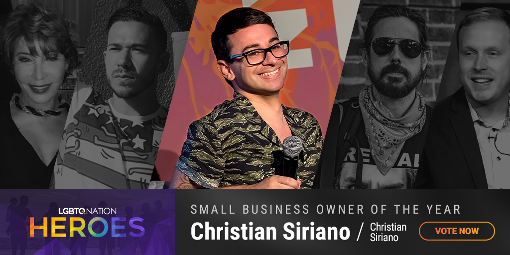 A graphic showing Christian Siriano, who is nominated for Small Business Owner of the Year as part of LGBTQ Nation Heroes.