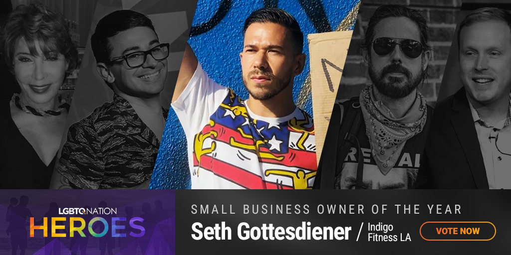 A graphic showing Seth Gottesdiener of Indigo Fitness in LA, who is nominated for Small Business Owner of the Year as part of LGBTQ Nation Heroes.