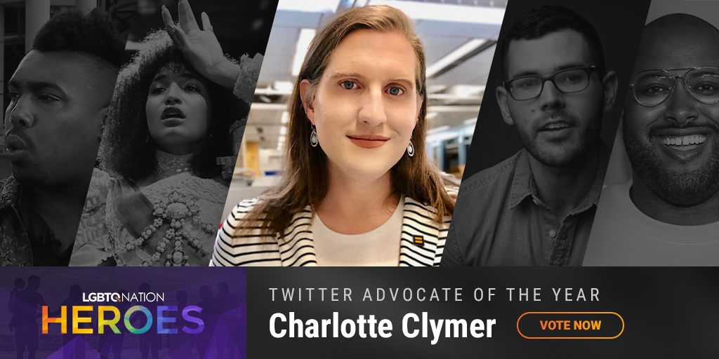 A graphic showing Charlotte Clymer, who is nominated for Twitter Advocate of the Year.