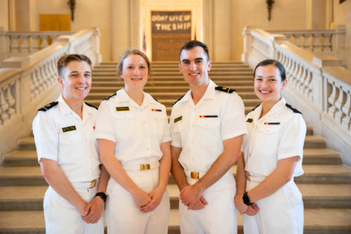 Navy Spectrum Officers MIDN 1/C Tristan Anderson, MIDN 1/C Abby Richardson, MIDN 1/C Lorne Beerman, and MIDN 2/C Quin Ramos