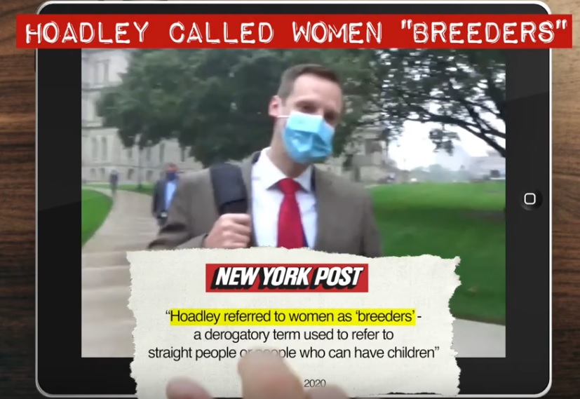 The ad says he called women "breeders," but he wasn't talking about women specifically and he wrote "breeder," singular.