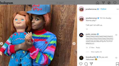 Janelle Monáe dressed as Chucky for Halloween, as posted to Instagram. 