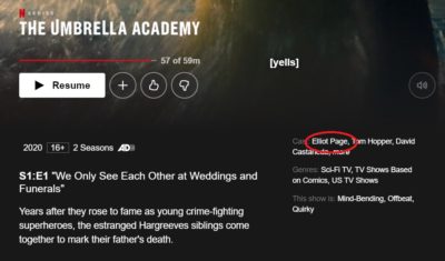 Elliot Page mentioned in credits for The Umbrella Academy