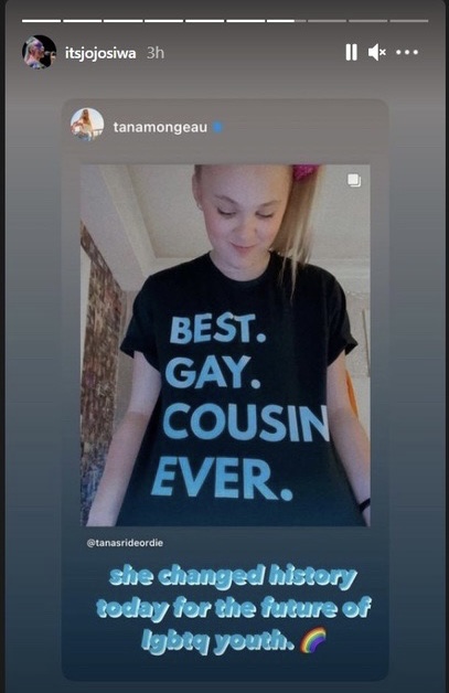 A screenshot of Jojo Siwa's story, featuring a repost of a story by Tana Mongeau saying 