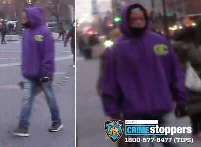 The assailant in an allegedly anti-gay attack in Union Square Park, Manhattan. The NYPD believes the assailant is wearing a purple hoodie, blue jeans and black sneakers.