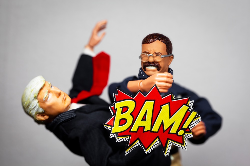 Caricature of Theodore Roosevelt punching Donald Trump