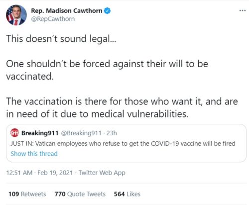 Madison Cawthorn's tweet (same text from the post, but it looks like a tweet)