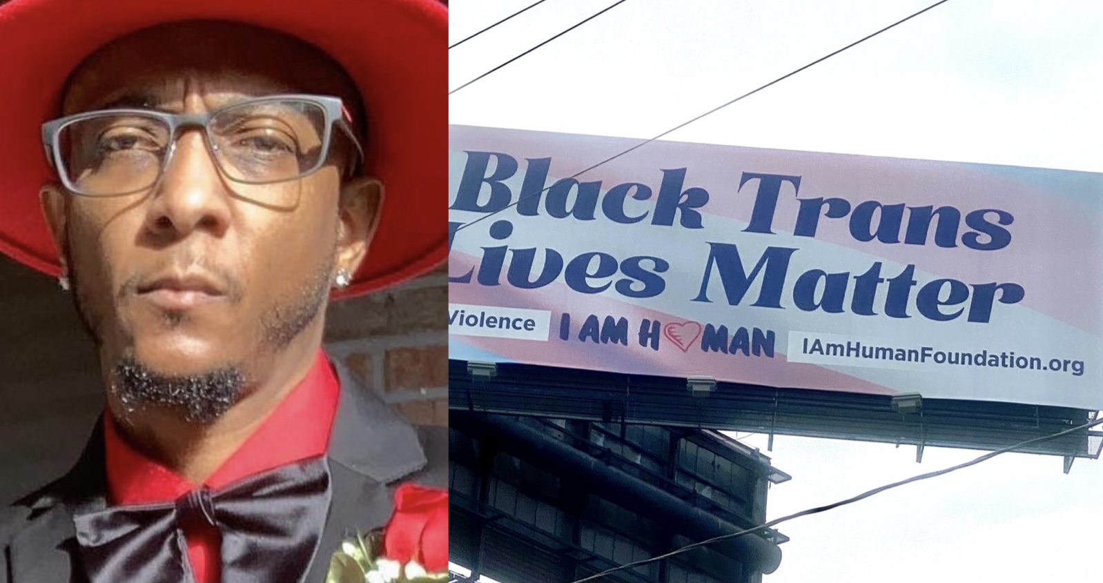 Alex Santiago (left) and the I Am Human Foundation's Black Trans Lives Matter billboards featured in Atlanta