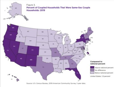 map of the states with the most same-sex couples in purple.