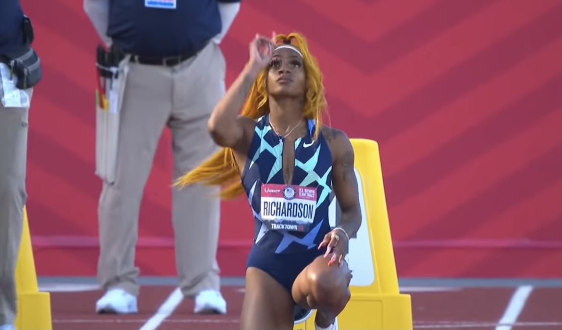 Sha'Carri Richardson preparing for the 100m race at the Olympics Trials on June 19, 2021.