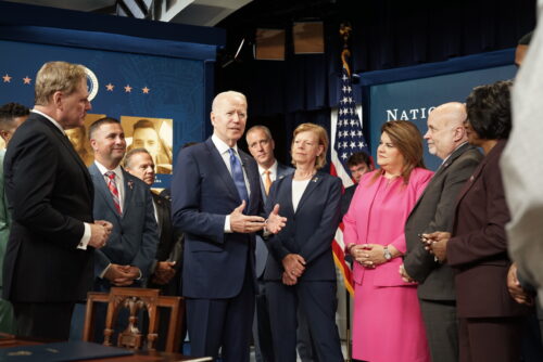 President Joe Biden speaking to congressional LGBTQ Equality Caucus members and LGBTQ community advocates in the South Court Auditorium after signing H.R. 49 declaring the Pulse Nightclub as a national monument.