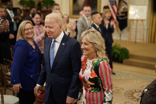 President Joe Biden and First Lady Dr. Jill Biden after speaking in the White House East Room to LGBTQ community advocates and leaders.