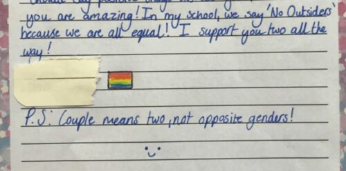 The letter from the girl, signed with a rainbow flag