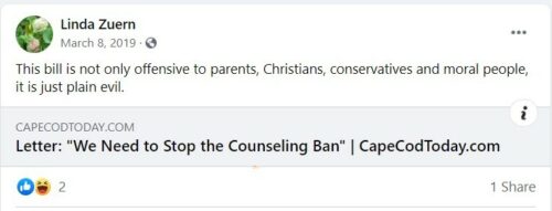 Facebook post from Linda Zuern opposing conversion therapy ban