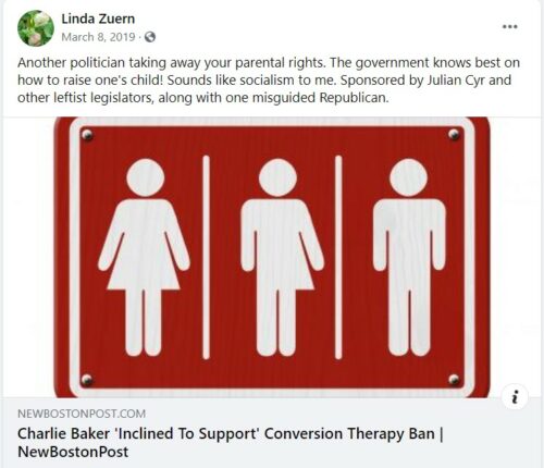 Facebook post from Linda Zuern opposing conversion therapy ban