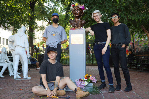 Activists and artists unveil the new bust of Marsha P. Johnson in Christopher Park.