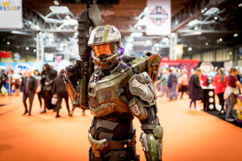 March 17, 2018. A cosplayer dressed as an Halo Master Chief the Activision video game series at a comic con in Birmingham, UK