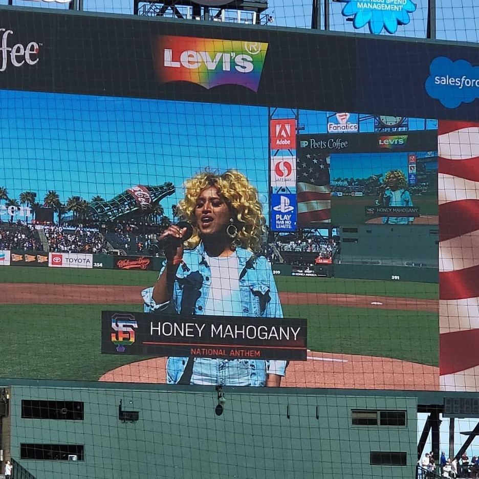 Honey Mahogany performing the National Anthem at Oracle Park before the Giants’ annual Pride night game on June 5, 2020.