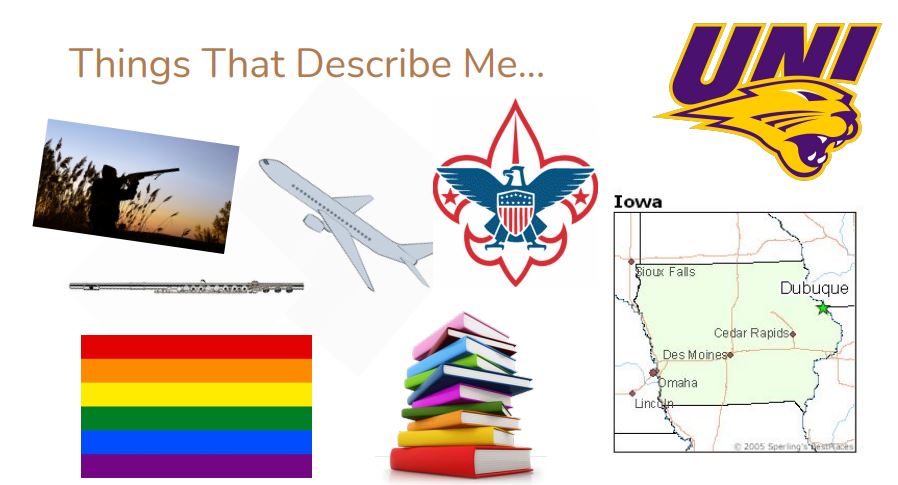 "things that describe me" including the UNI logo, Iowa state, an airplane, the flute, and a rainbow flag