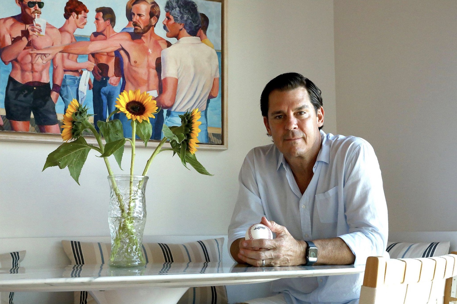 “I think inclusion is everywhere, it’s touchable,” says Billy Bean, who left Major League Baseball in 1995, pictured at his Cherry Grove home. “None of that was in place when I started.” Photo: Jeff Eason for LGBTQ Nation