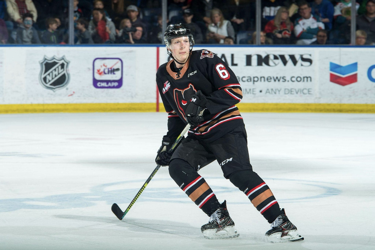 Luke Prokop of the Calgary Hitmen skates against the Kelowna Rockets at Prospera Place on February 17, 2020 in Kelowna, Canada. Photo: Marissa Baecker via Getty Images